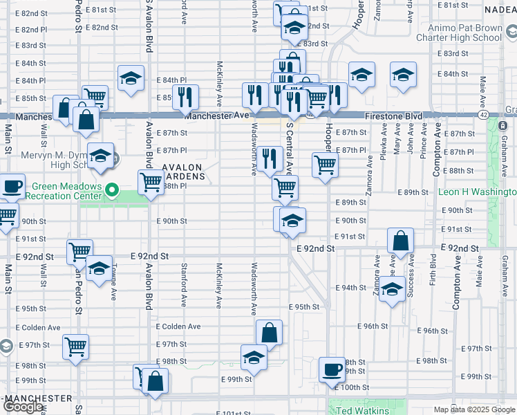 map of restaurants, bars, coffee shops, grocery stores, and more near 900 East 89th Street in Los Angeles