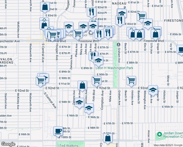 map of restaurants, bars, coffee shops, grocery stores, and more near 1459 East 90th Street in Los Angeles