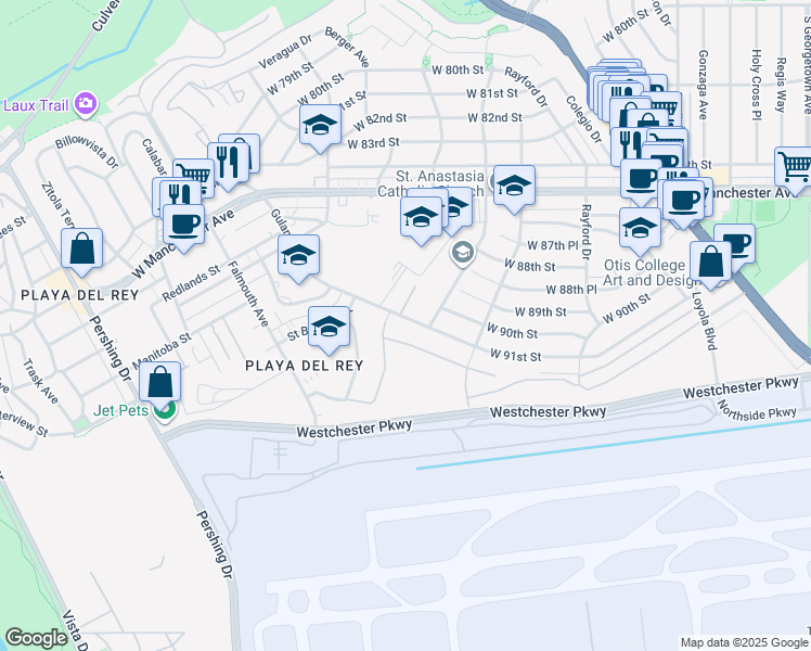 map of restaurants, bars, coffee shops, grocery stores, and more near 7624 West 91st Street in Los Angeles