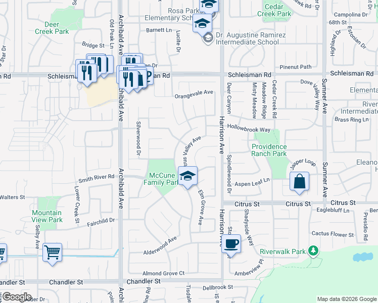 map of restaurants, bars, coffee shops, grocery stores, and more near 7286 Citrus Valley Avenue in Corona