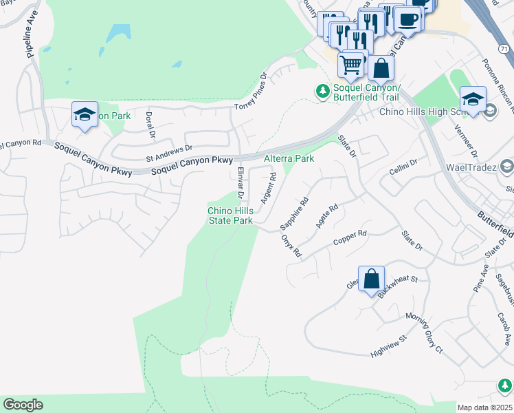 map of restaurants, bars, coffee shops, grocery stores, and more near 16410 Argent Road in Chino Hills