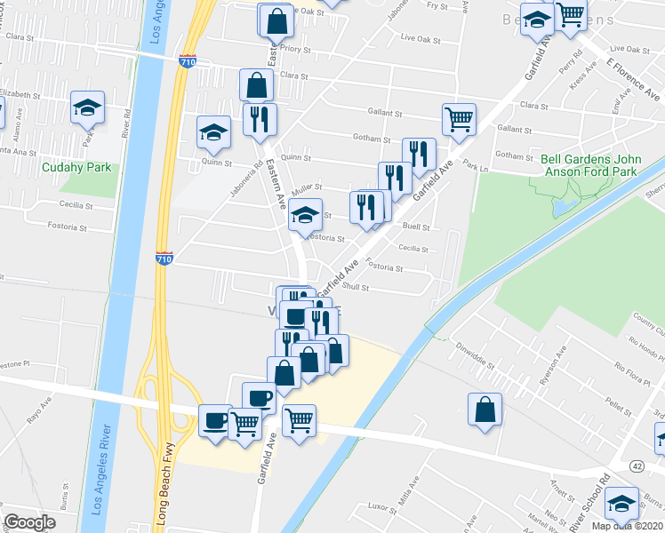 map of restaurants, bars, coffee shops, grocery stores, and more near 5847 Shull Street in Bell Gardens