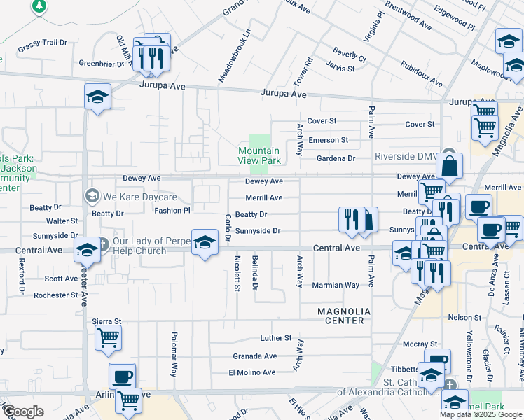 map of restaurants, bars, coffee shops, grocery stores, and more near 4805 Beatty Drive in Riverside
