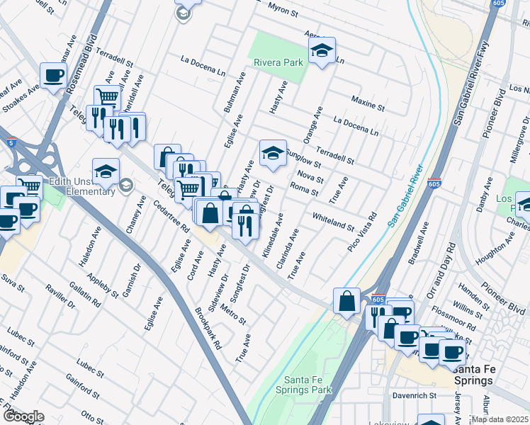 map of restaurants, bars, coffee shops, grocery stores, and more near 8802 Songfest Drive in Pico Rivera