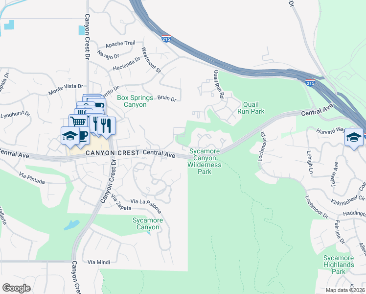 map of restaurants, bars, coffee shops, grocery stores, and more near 5377 Quail Run Road in Riverside