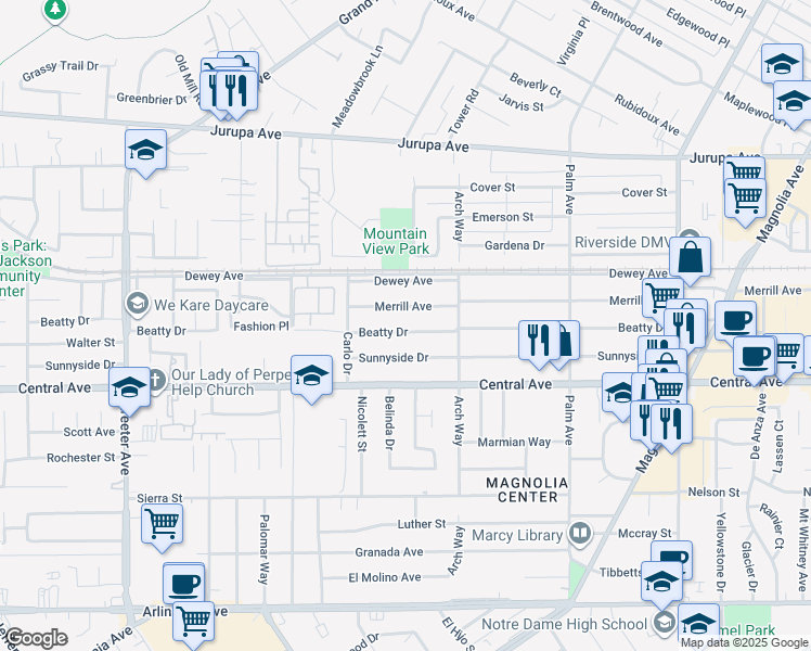 map of restaurants, bars, coffee shops, grocery stores, and more near 4815 Beatty Drive in Riverside