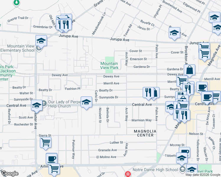 map of restaurants, bars, coffee shops, grocery stores, and more near 4815 Beatty Drive in Riverside