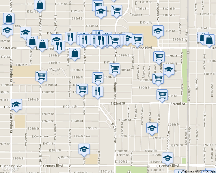 map of restaurants, bars, coffee shops, grocery stores, and more near 1122 East 89th Street in Los Angeles