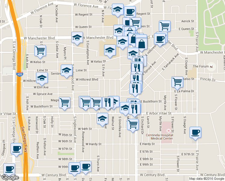 map of restaurants, bars, coffee shops, grocery stores, and more near 632 Walnut Street in Inglewood