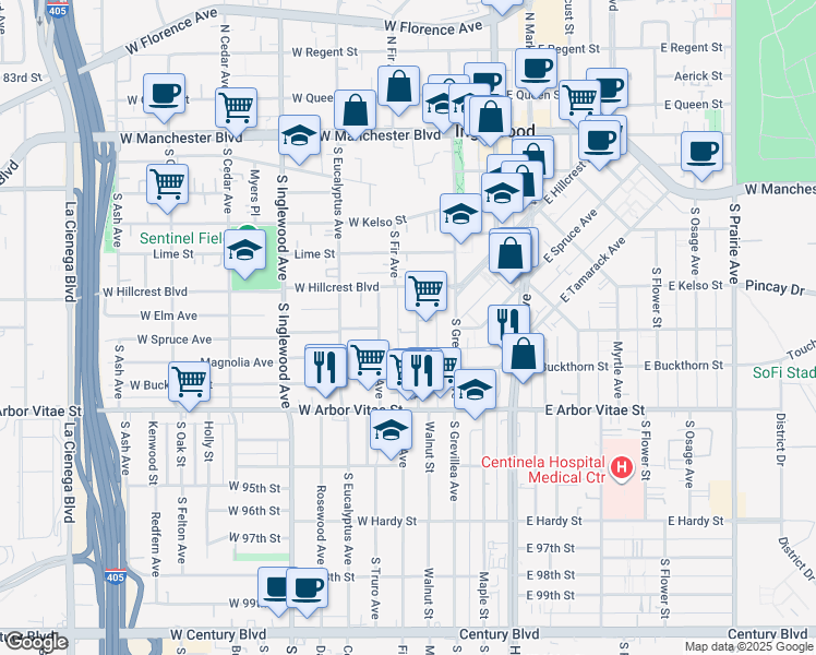 map of restaurants, bars, coffee shops, grocery stores, and more near 630 South Fir Avenue in Inglewood