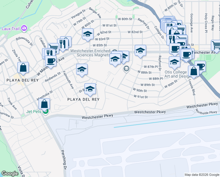 map of restaurants, bars, coffee shops, grocery stores, and more near 7624 West 91st Street in Los Angeles
