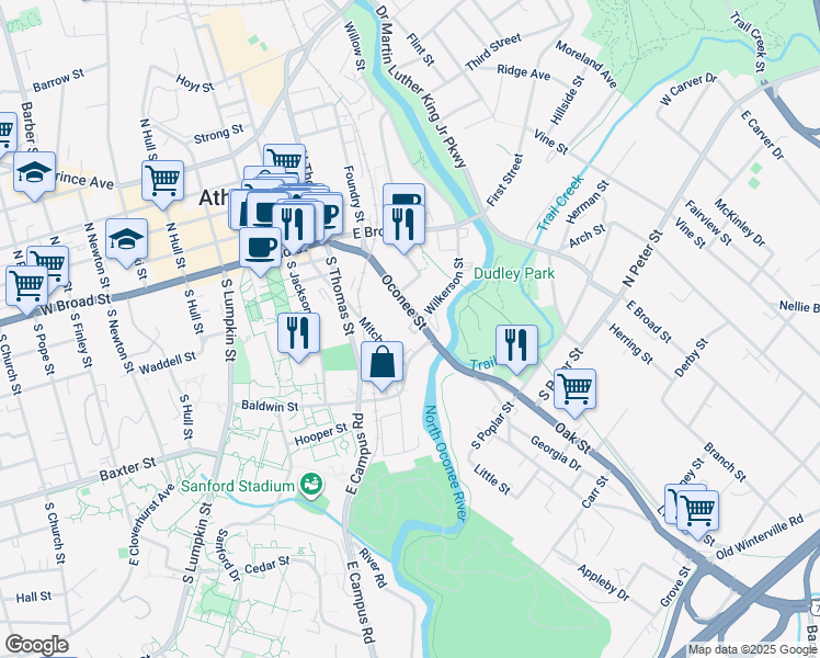 map of restaurants, bars, coffee shops, grocery stores, and more near 394 Oconee Street in Athens