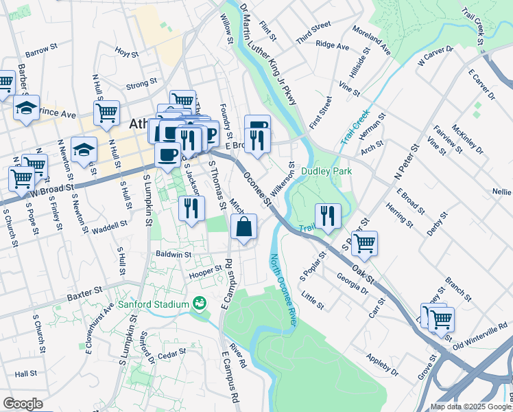 map of restaurants, bars, coffee shops, grocery stores, and more near 394 Oconee Street in Athens
