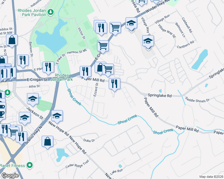 map of restaurants, bars, coffee shops, grocery stores, and more near 181 Green Bridge Court Southeast in Lawrenceville