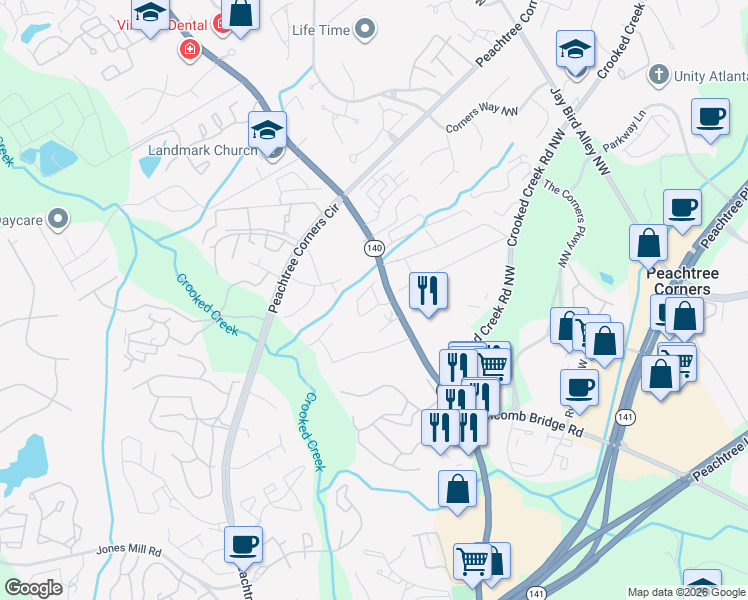 map of restaurants, bars, coffee shops, grocery stores, and more near 3546 Views Trace in Norcross