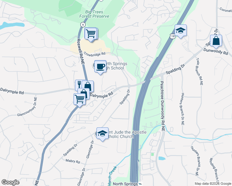 map of restaurants, bars, coffee shops, grocery stores, and more near 815 Dalrymple Road in Sandy Springs