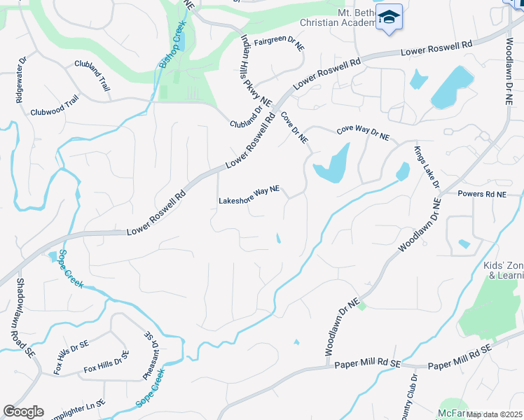 map of restaurants, bars, coffee shops, grocery stores, and more near 204 Lakeshore Court Northeast in Marietta