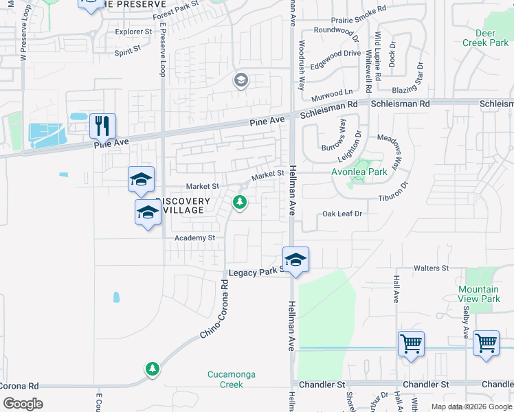 map of restaurants, bars, coffee shops, grocery stores, and more near 8765 Roving Place in Chino