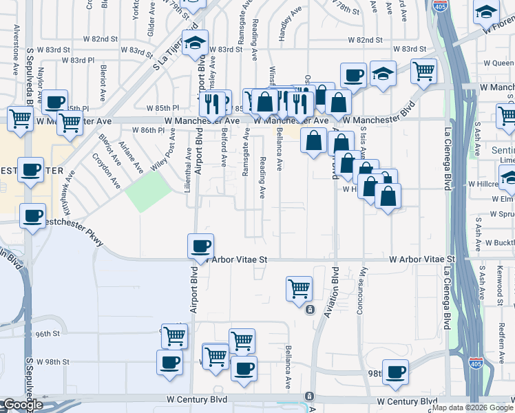 map of restaurants, bars, coffee shops, grocery stores, and more near 5731 Interceptor Street in Los Angeles