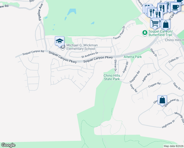 map of restaurants, bars, coffee shops, grocery stores, and more near 4487 Sycamore Ridge Court in Chino Hills
