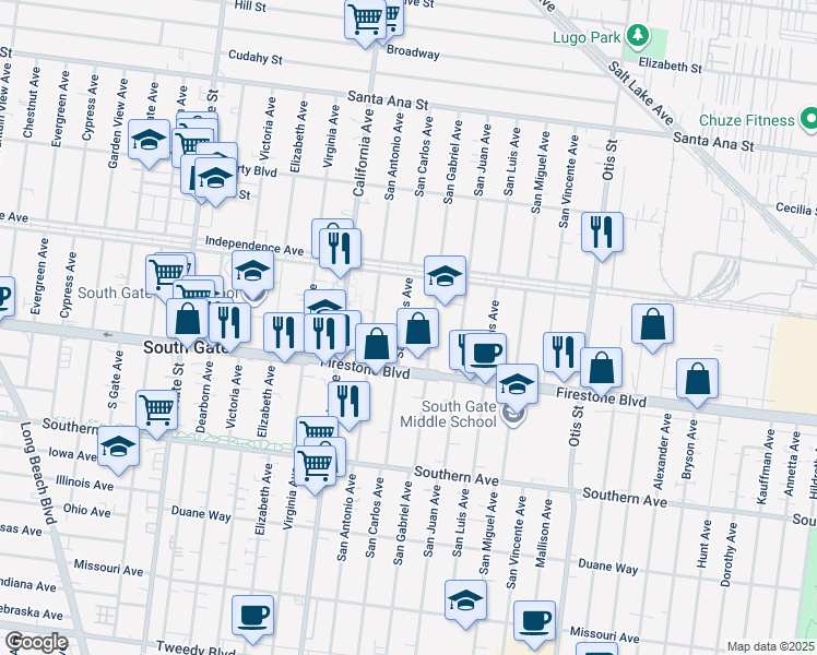 map of restaurants, bars, coffee shops, grocery stores, and more near 8656 San Carlos Avenue in South Gate