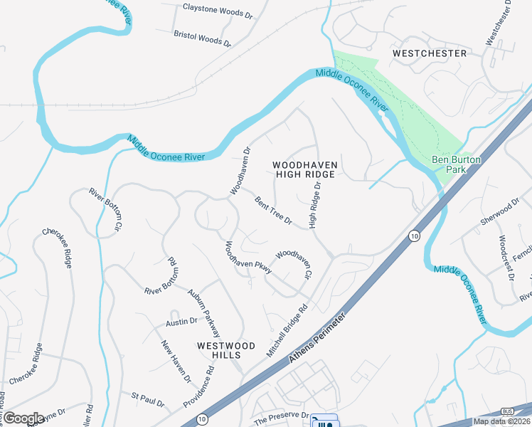map of restaurants, bars, coffee shops, grocery stores, and more near 163 Bent Tree Drive in Athens