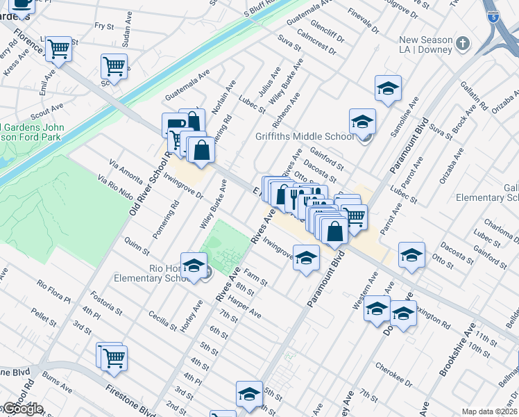 map of restaurants, bars, coffee shops, grocery stores, and more near 10220 Hopeland Avenue in Downey