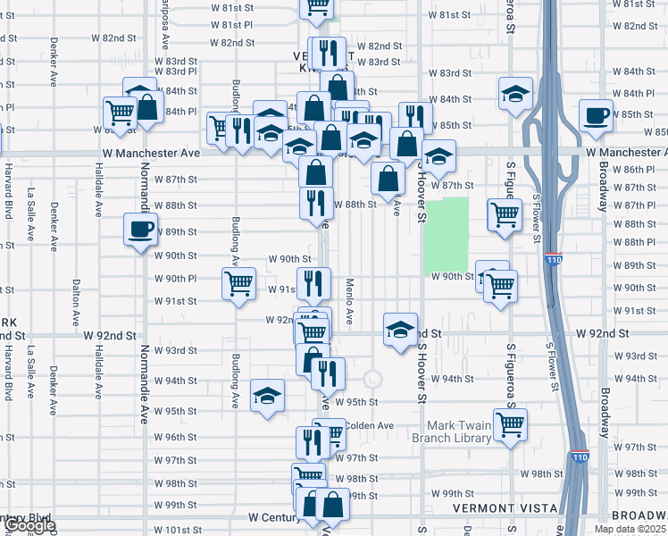 map of restaurants, bars, coffee shops, grocery stores, and more near 8938 South Vermont Avenue in Los Angeles