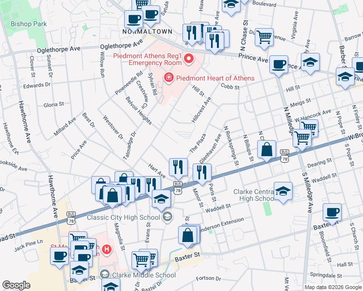 map of restaurants, bars, coffee shops, grocery stores, and more near 186 Mathews Avenue in Athens