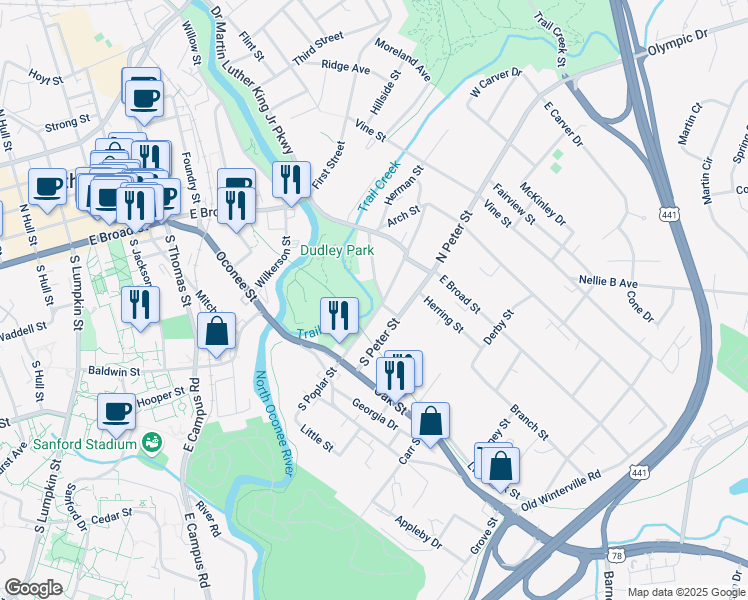 map of restaurants, bars, coffee shops, grocery stores, and more near 192 Mulberry Street in Athens