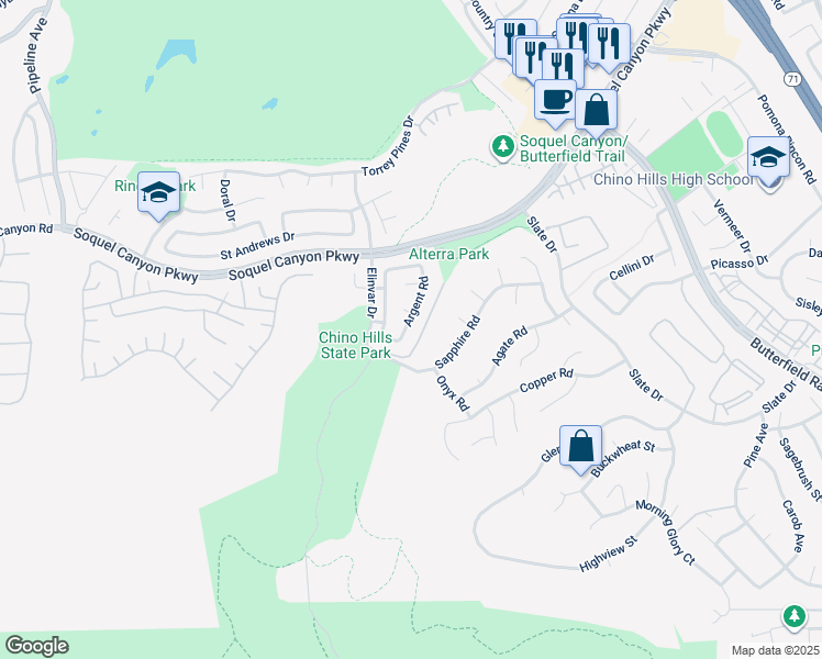 map of restaurants, bars, coffee shops, grocery stores, and more near 16405 Argent Road in Chino Hills