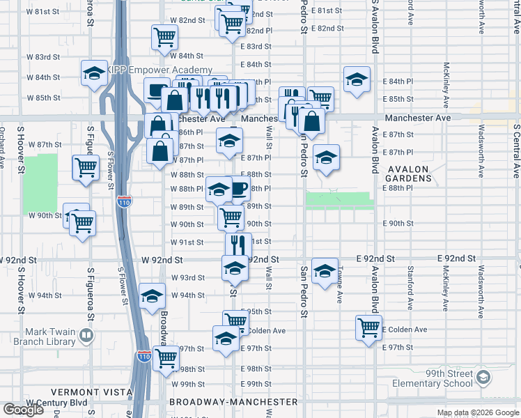 map of restaurants, bars, coffee shops, grocery stores, and more near 146 East 89th Street in Los Angeles