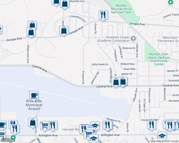 map of restaurants, bars, coffee shops, grocery stores, and more near 6455 Vickers Drive in Riverside