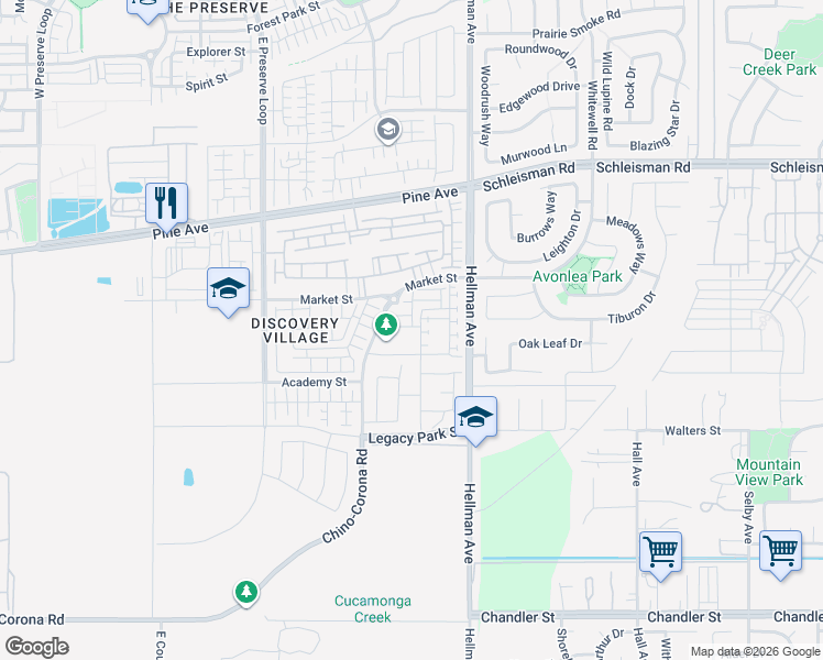 map of restaurants, bars, coffee shops, grocery stores, and more near 8765 Roving Place in Chino
