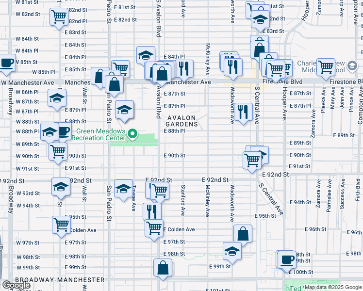 map of restaurants, bars, coffee shops, grocery stores, and more near 658 East 89th Street in Los Angeles