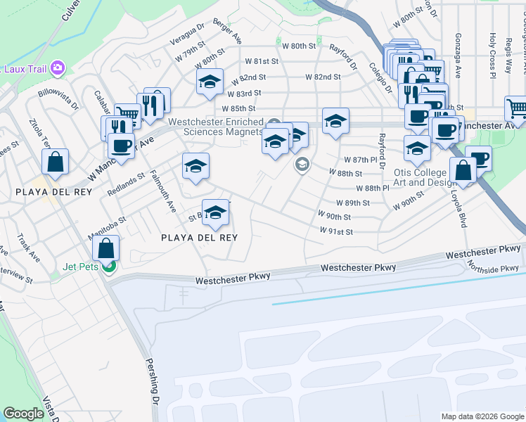map of restaurants, bars, coffee shops, grocery stores, and more near 7624 West 91st Street in Los Angeles