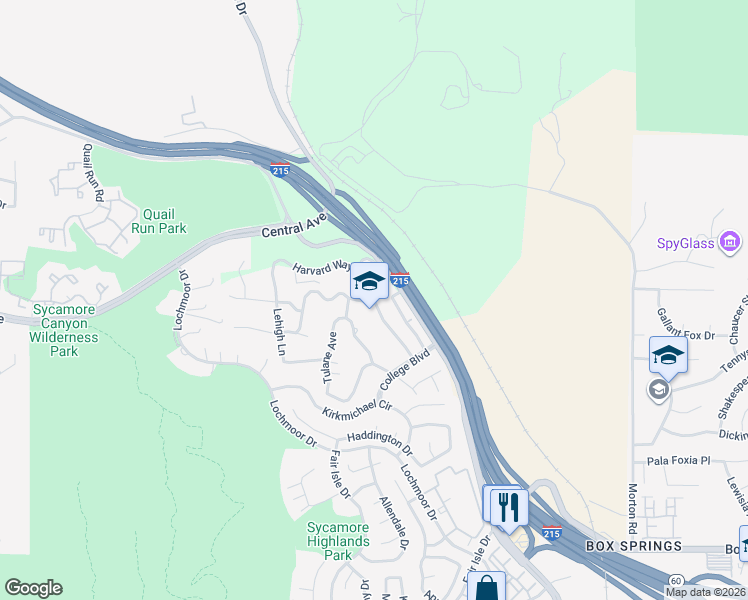 map of restaurants, bars, coffee shops, grocery stores, and more near Harvard Way in Riverside