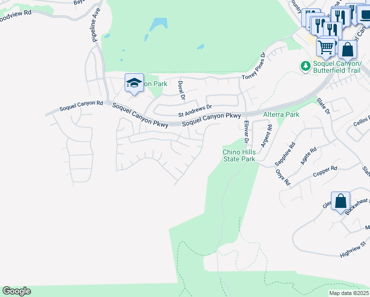 map of restaurants, bars, coffee shops, grocery stores, and more near 4441 Foxrun Drive in Chino Hills
