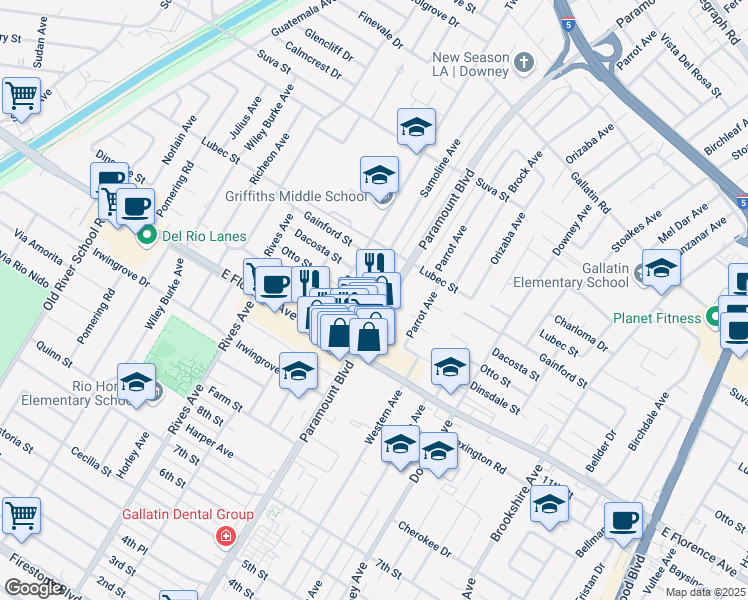 map of restaurants, bars, coffee shops, grocery stores, and more near 9903 Paramount Boulevard in Downey