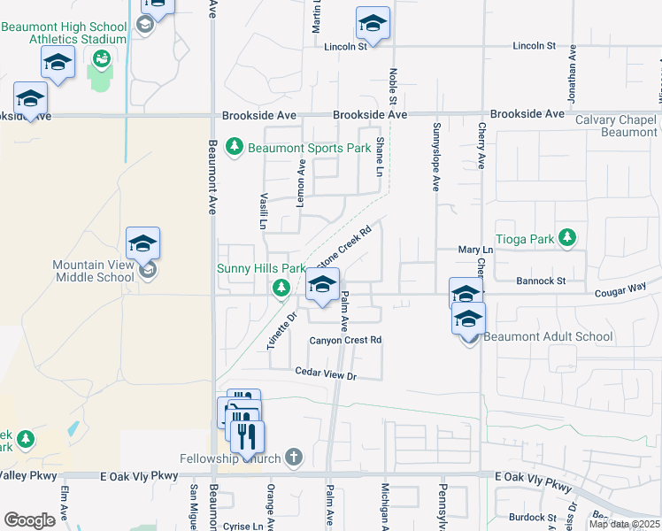 map of restaurants, bars, coffee shops, grocery stores, and more near 1632 Stone Creek Road in Beaumont
