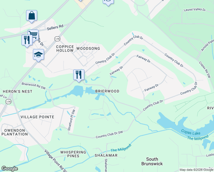 map of restaurants, bars, coffee shops, grocery stores, and more near 34 Brierwood Road Southwest in Shallotte