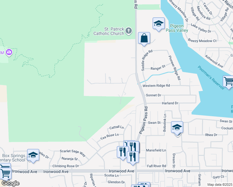 map of restaurants, bars, coffee shops, grocery stores, and more near 11425 Tiffany Lane in Moreno Valley