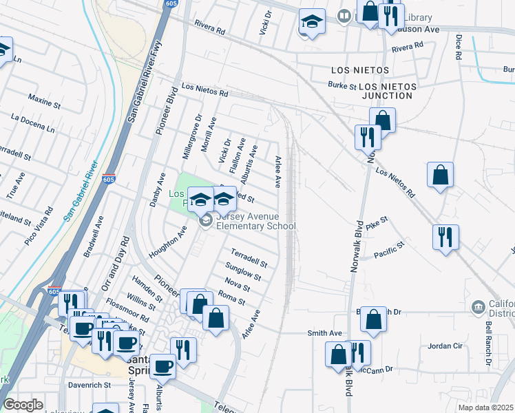 map of restaurants, bars, coffee shops, grocery stores, and more near 11402 Broaded Street in Santa Fe Springs