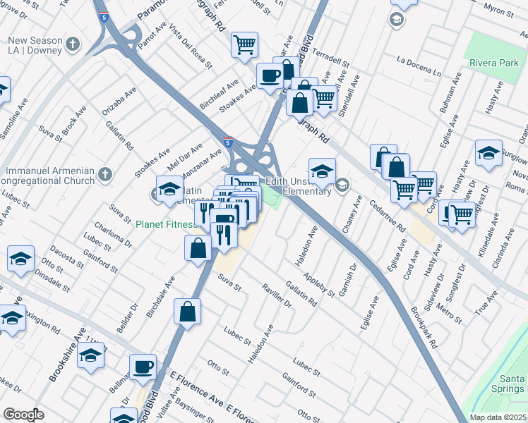 map of restaurants, bars, coffee shops, grocery stores, and more near 9143 Arrington Avenue in Downey