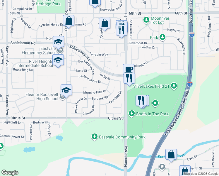 map of restaurants, bars, coffee shops, grocery stores, and more near 7284 Morning Hills Road in Corona