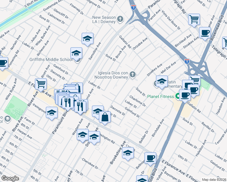 map of restaurants, bars, coffee shops, grocery stores, and more near 9650 La Reina Avenue in Downey