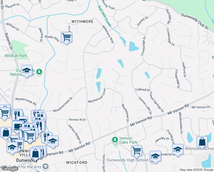 map of restaurants, bars, coffee shops, grocery stores, and more near 5301 Manhasset Cove in Dunwoody