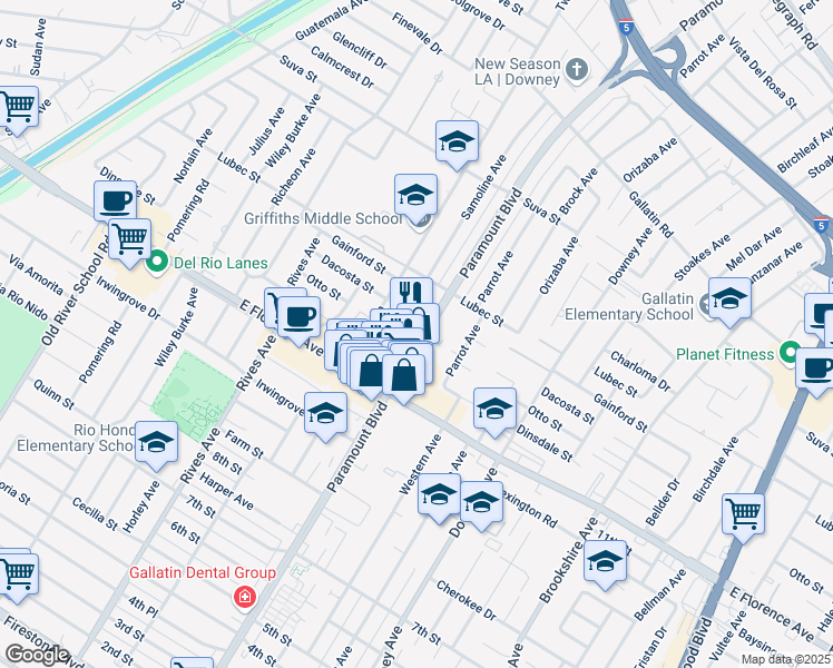 map of restaurants, bars, coffee shops, grocery stores, and more near 9903 Paramount Boulevard in Downey