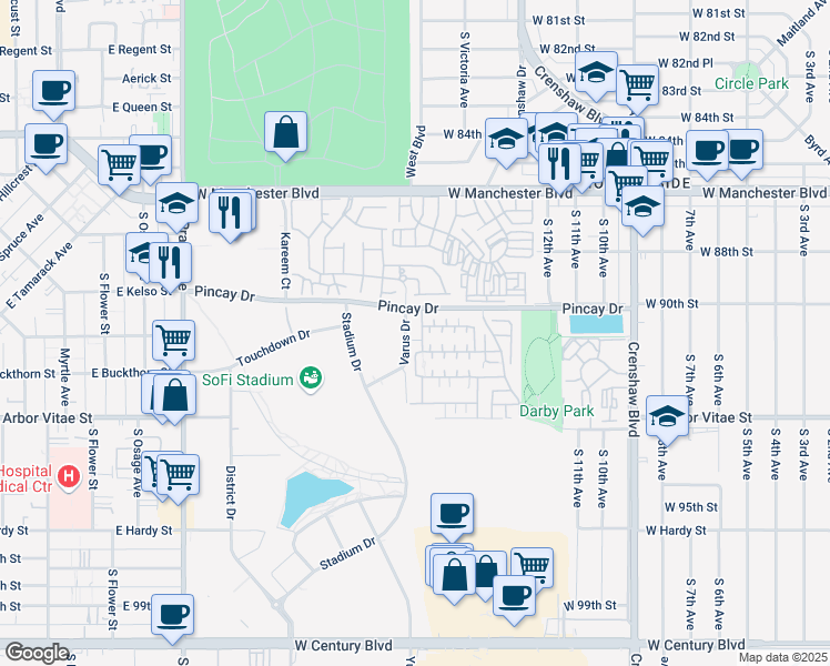 map of restaurants, bars, coffee shops, grocery stores, and more near 9043 Cullen Way in Inglewood