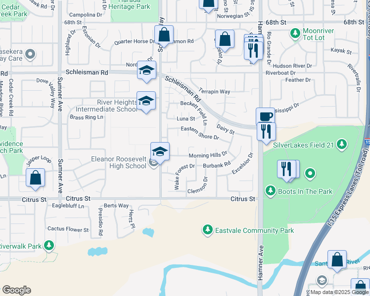 map of restaurants, bars, coffee shops, grocery stores, and more near 12932 Gingerwood Court in Corona